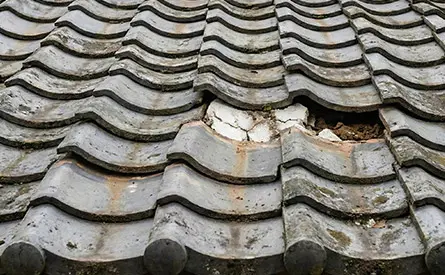 瓦屋根の一部が破損している様子