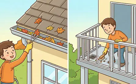 1階の雨どいや、ベランダの排水口の清掃