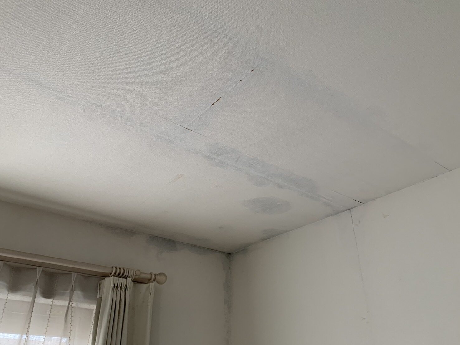 【現地調査】天井と壁の取り合いに出た雨染みとクロスの浮き