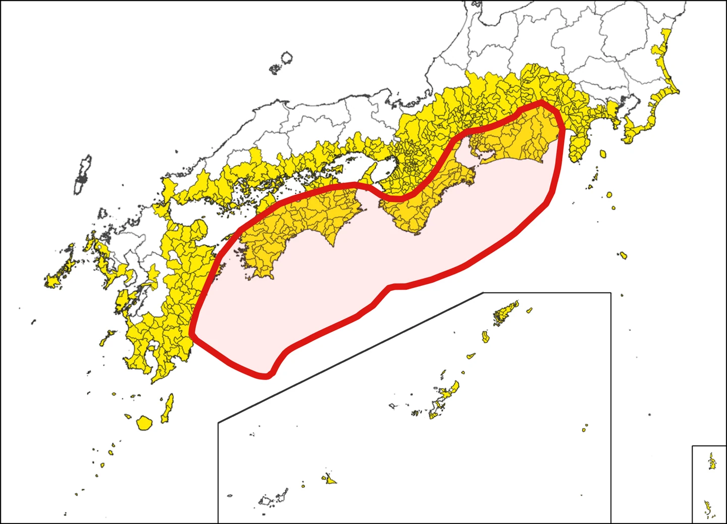 南海トラフ地震防災対策推進地域を黄色、南海トラフ巨大地震の想定震源域を赤線で示した日本地図。奈良県・三重県・和歌山県も推進地域に含まれる