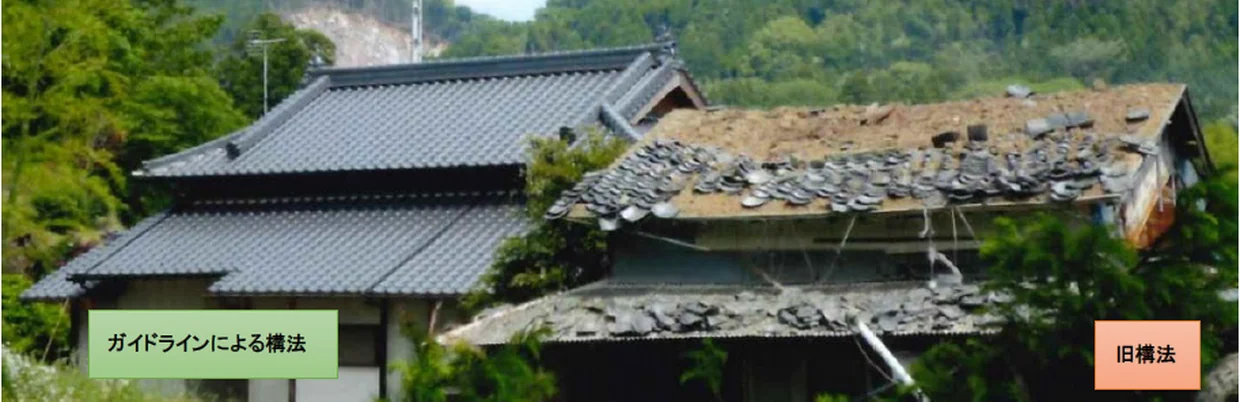 同じ地震を受けた2棟の瓦屋根の比較写真。左のガイドラインによる構法の屋根は瓦が残り、右の旧構法の屋根は瓦が脱落して下地の土が見えている