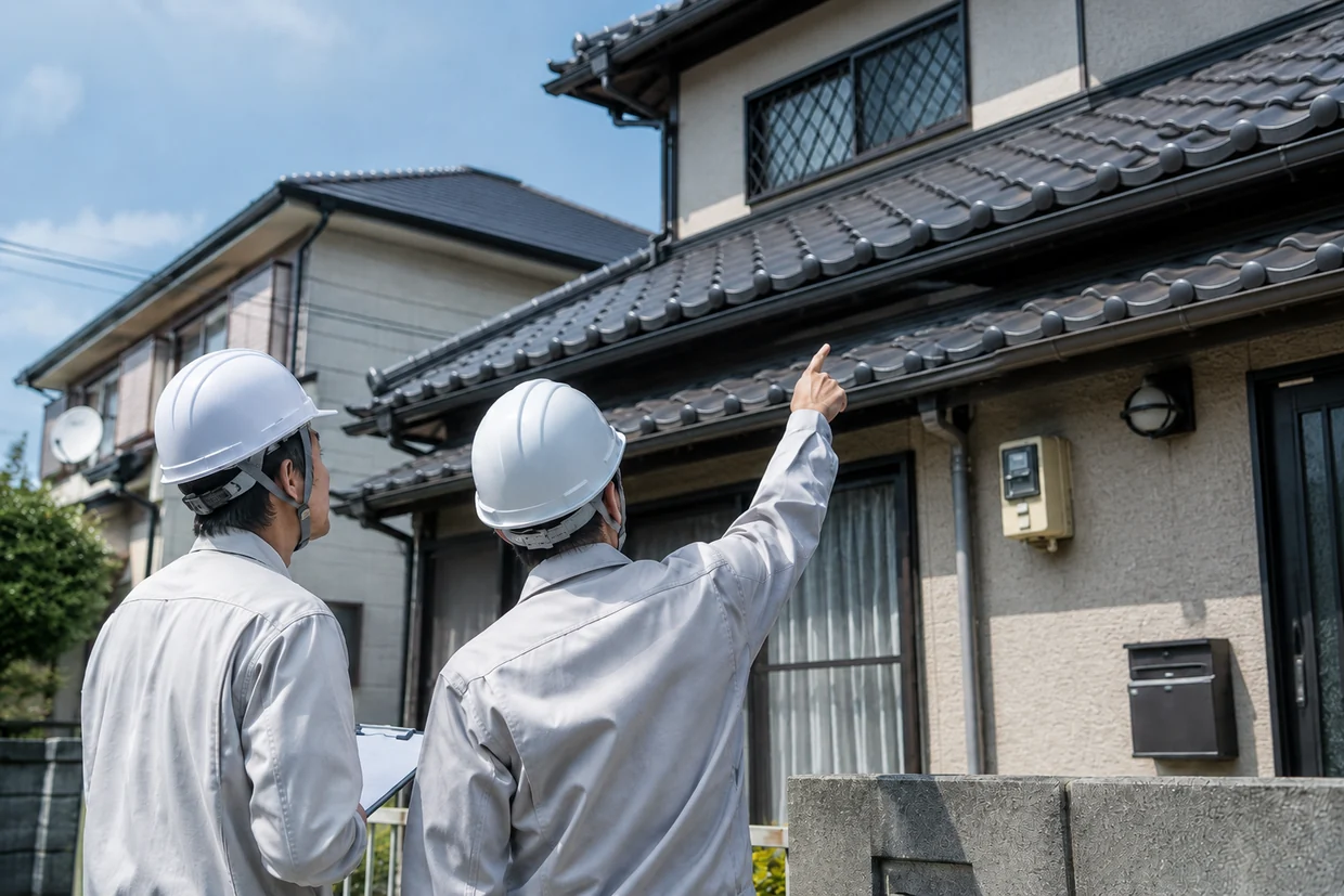 ヘルメットをかぶった2人の作業者が、瓦屋根の住宅を見上げて状態を確認している様子