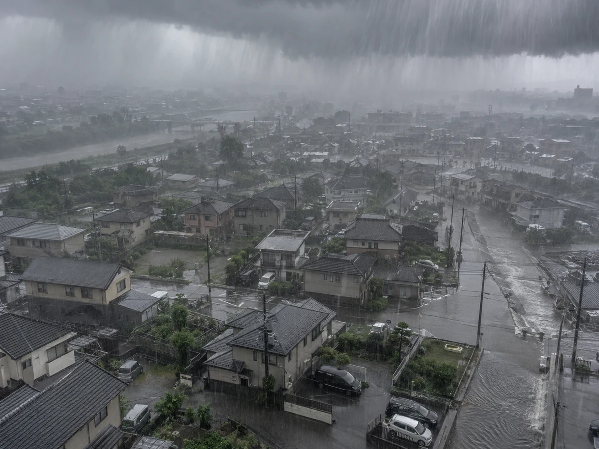 激しい雨が降り続き、道路に水があふれている住宅街