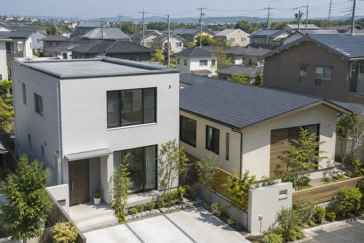 陸屋根の住宅（左）と、緩やかな勾配の金属屋根の住宅（右）