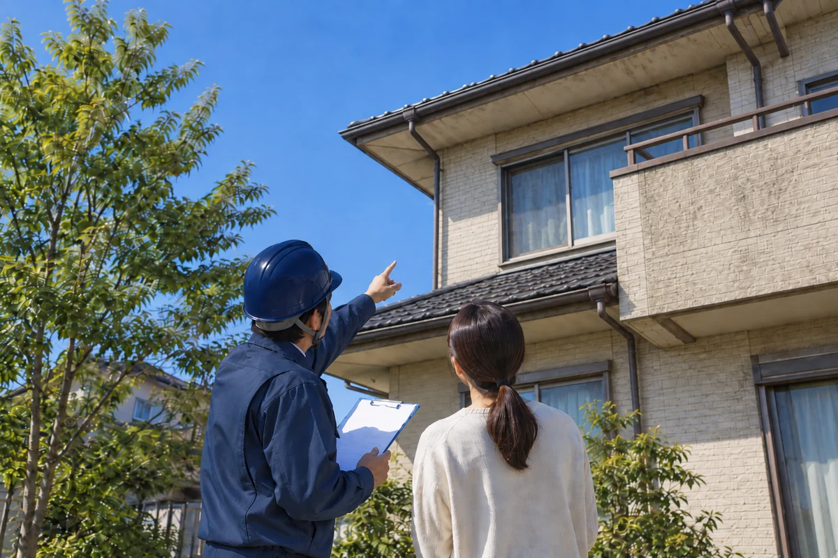 住宅の屋根を指差しながら住まい手に説明する職人