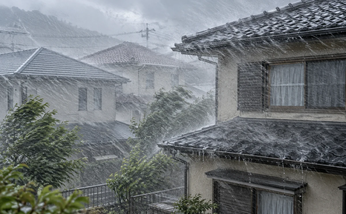 強風をともなう豪雨が、住宅の屋根や軒先に斜めから吹き付けている様子