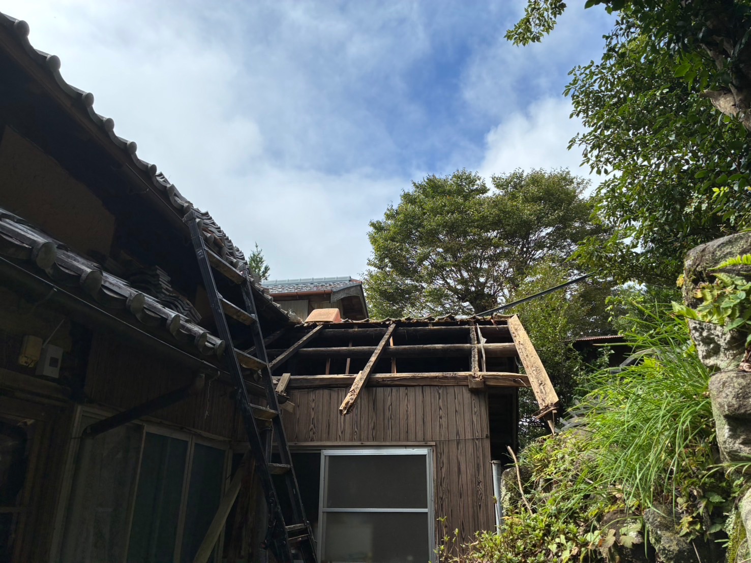【施工中】傷んだ野地板を撤去し、垂木と母屋の骨組みだけになった状態