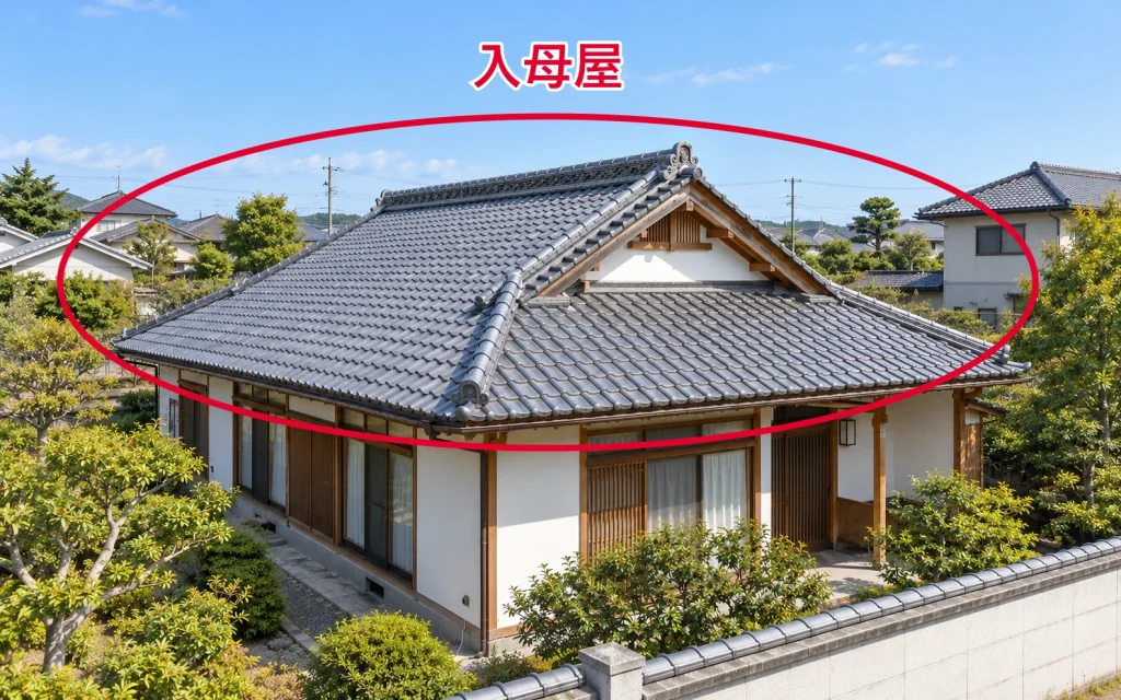 入母屋屋根の住宅の外観。屋根全体を丸い赤線で囲んで示した写真