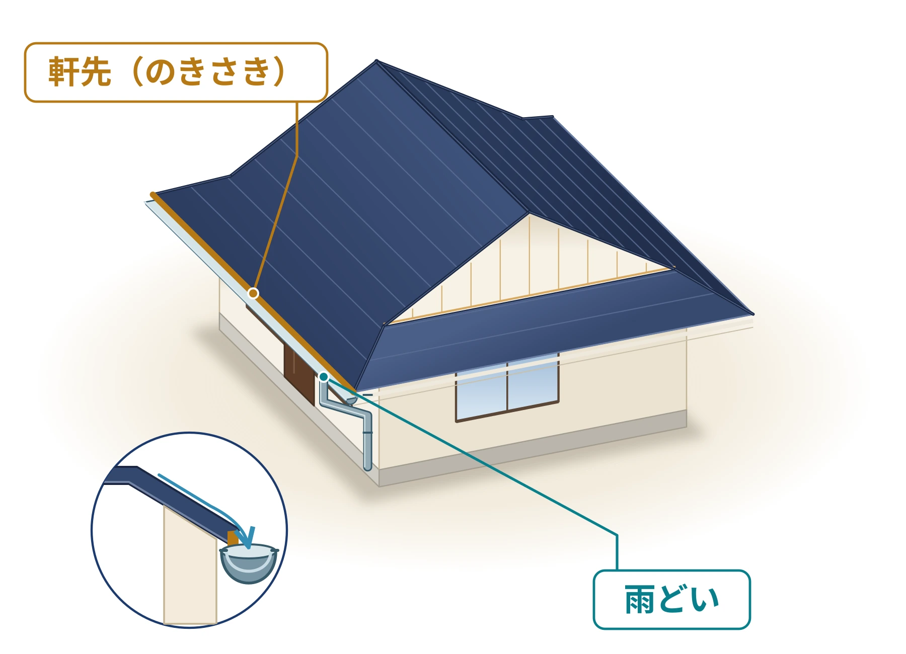 屋根の先端である軒先と、その下に付く雨どいの位置を示した図