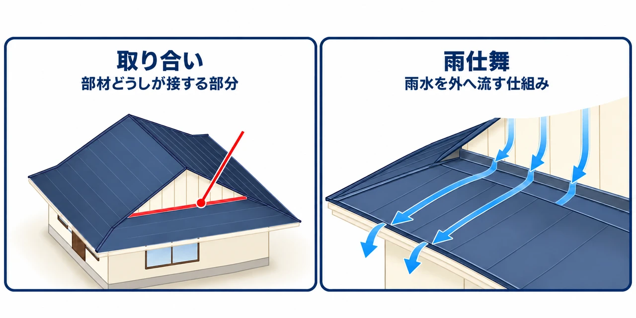 取り合いは部材どうしが接する部分、雨仕舞は雨水を外へ流す仕組み。屋根と妻壁の接点と、壁から屋根面を経て軒先へ流れる雨水を示した図