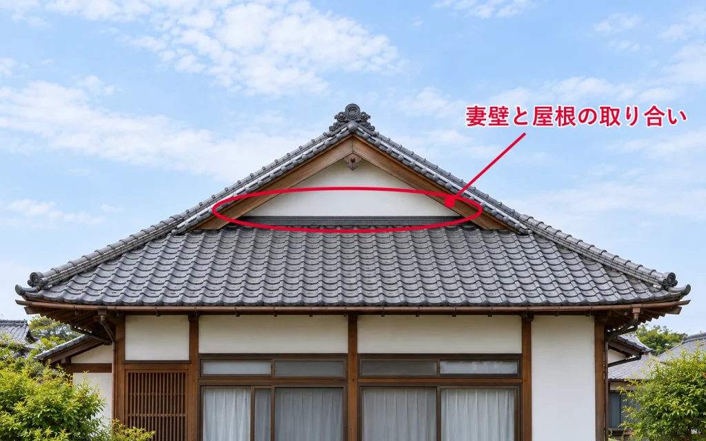 入母屋屋根を妻側から見て、妻壁と屋根の取り合いを赤い線で囲んだ写真