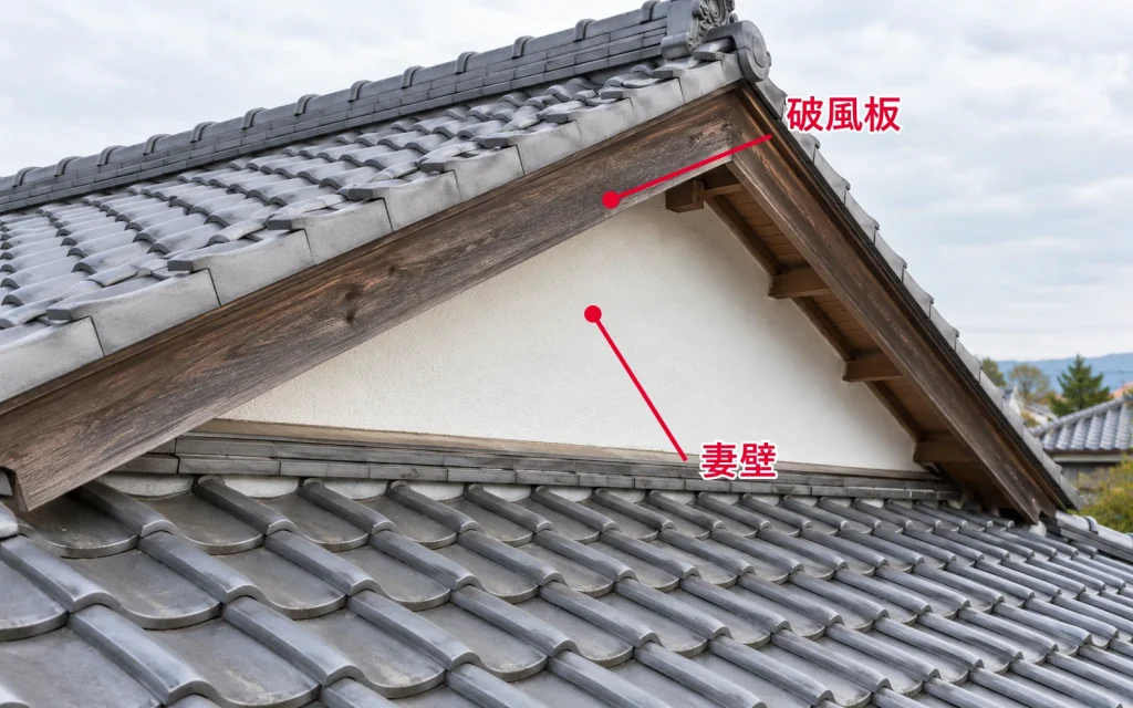 入母屋屋根の妻まわりを拡大し、破風板と妻壁の位置を赤字で示した写真